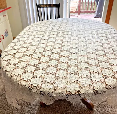 Vintage White Cotton Hand Crochet Dining Room Tablecloth 68  X 52  • $19.99