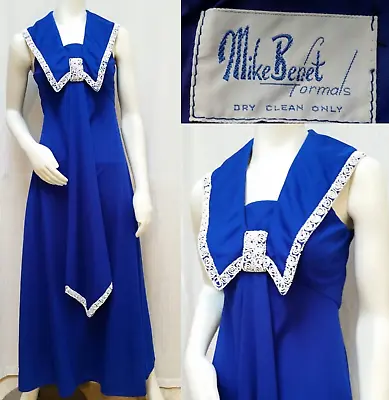 Vintage 1960/70's MIKE BENET Blue MAXI DRESS With WHITE BEADING - Size S - EUC • $70.20