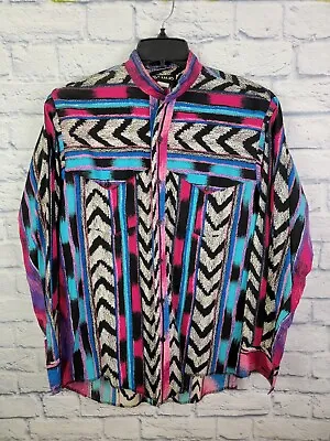 Vintage BANJO Men's Long Sleeve Button Flap Aztec Western Shirt Size Large USA • $19.99