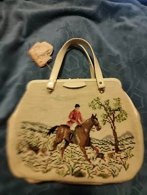 Large1950-60s HandMade Needlepoint Bag 12X16 Inches Hunting 2 Sides Martha Klein • $350