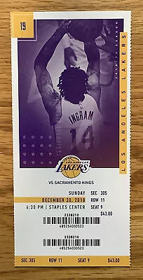 1 LA Lakers Vs Sacramento Kings 12/30/18 Ticket Stub Section 305 Row 11 Seat 9 • $5