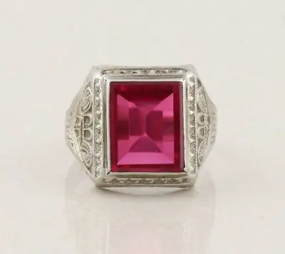 Mens 10k White Gold Lab Created Ruby Ring Art Deco  Antique Size 9 1/2 • $561