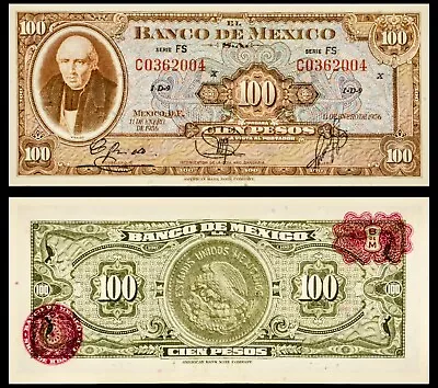 1956 Mexico 100 Pesos Banknote Portrait Of Miguel Hidalgo Mexican Coat Of Arms • $20