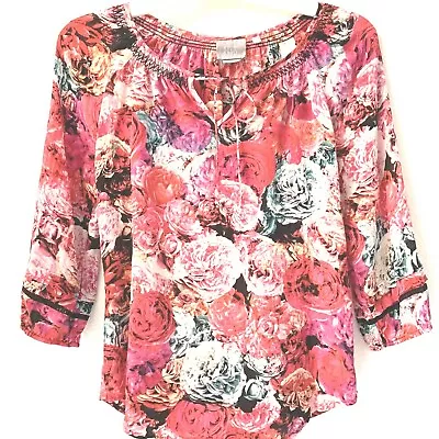 Vanessa Virginia Anthropologie Blouse XS Pink Rose Silk 3/4 Sleeves Peasant Top • $15.77