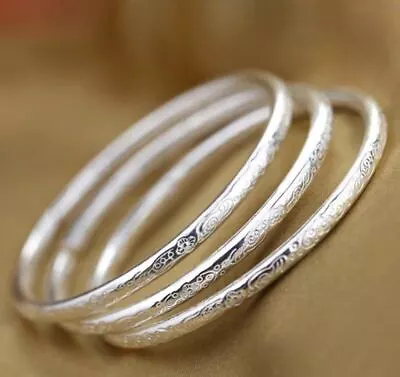 3PCS Womens 925 Sterling Silver Layered Bohemian Ladies Solid Bangle Bracelets • £6.49