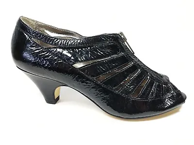 Topshop Jade Black Patent Leather Open Toe Mid Heel Shoes Uk 3 Uk 36 • £17.99