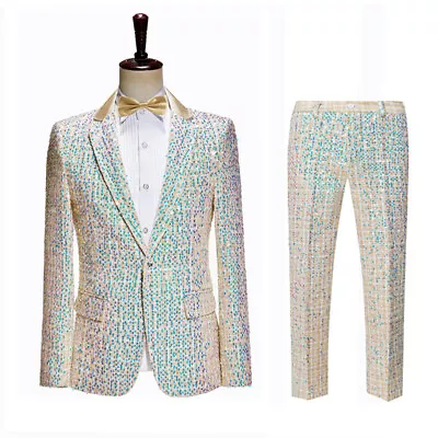 Men's Slim Fit Champagne Sequin Dress Coat Pants Set Stage Performance Suit Host • $118.28