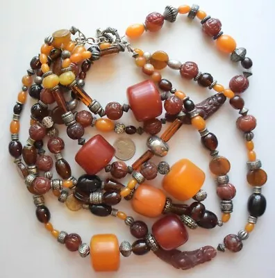 OOAK Massive 5 Strand Antique Amber & Carved Beads Necklace Vtg SS Toggle • $2093