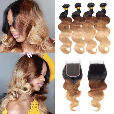 Ombre Human Hair Body Wave Bundles With Lace Frontal And 4*4 Lace Closure Hair • £72.61