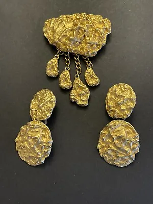 Vintage Maxine Denker Brutalist Brooch & Earring Set  Brushed Gold Tone WOW!! • $85