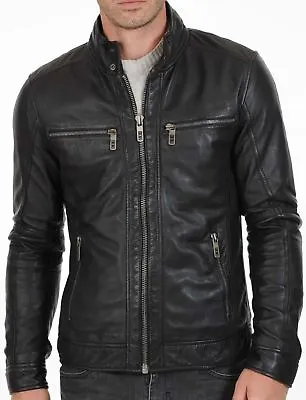 Men Biker Genuine Lambskin Black Leather Slim Fit Motorcycle Jacket • $89.95