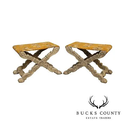 Italian Baroque Style Carved Pair X Base Benches Or Stools • $1495