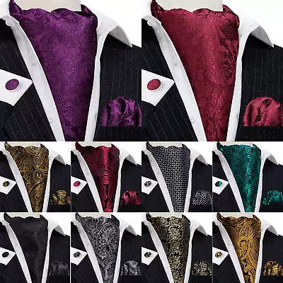 Mens Ascot Cravat Tie Silk Black Purple Paisley Floral Hanky Cufflinks Suit Set • $12.99