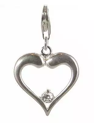 925 Sterling Silver CZ OPEN HEART Clip On Bracelet Charm Love Wedding Valentines • £8.49