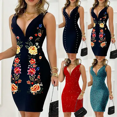 $14.55 • Buy Womens V Neck Floral Mini Dress Sexy Bodycon Ladies Evening Cocktail Party Gown~