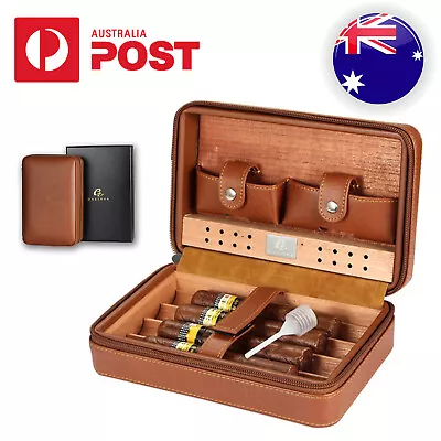 Galiner Cedar Wood Cigar Humidor Case 4 Slot Holders Vintage Leather Gift Box • $56.99