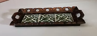 Vintage Hand Carved Mexican WOOD SERVING TRAY With Hand Painted TILES 9x18 Inch • $40