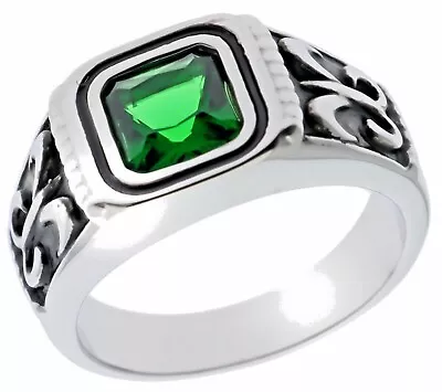 4 Carat Emerald Simulated Fleur De Lis Mens Ring 316 Stainless Steel Size 10 T28 • $19.36