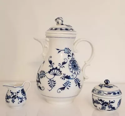 Antique Meissen Crossed Swords Blue Onion 10” Tea Pot +Creamer Sugar Bowl  Set • $245