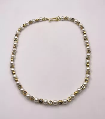 MMA METROPOLITAN MUSEUM ART Gold Tone Pearls Grey Crystals Egyptian Necklace #2 • $80.99