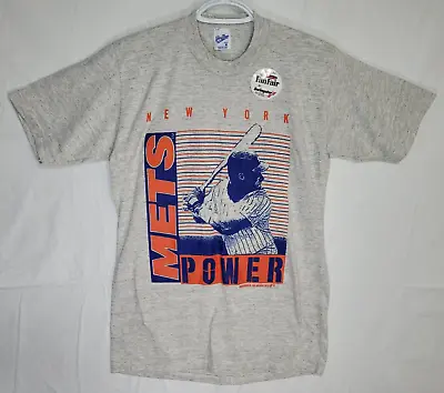 Vintage 90s Mets Power Portrait Gray Tee Shirt Medium Single Stitch Velva Sheen • $22.85