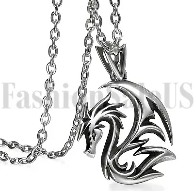 Mens Biker Gothic Silver Tone Vintage Dragon Stainless Steel Pendant Necklace • $9.99