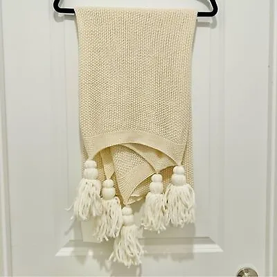 NWT Throw Blanket Ivory/Cream Lightweight Cable Knit Boho With Tassels • £26.99