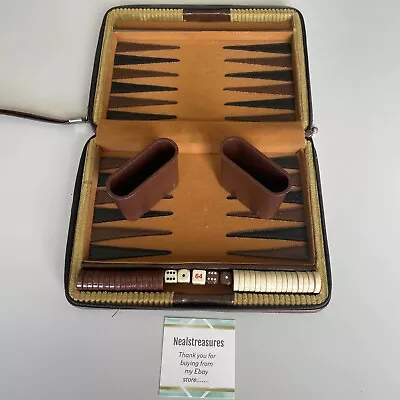 Vintage Backgammon Magnetic Travel Set Brown Leatherette Case Complete • $19.99