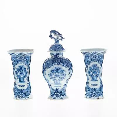 Johannes Van Duyn Delft Blue Vase Bird Finial Urn 18th C Antique Dutch 3pc Lot • $874.99