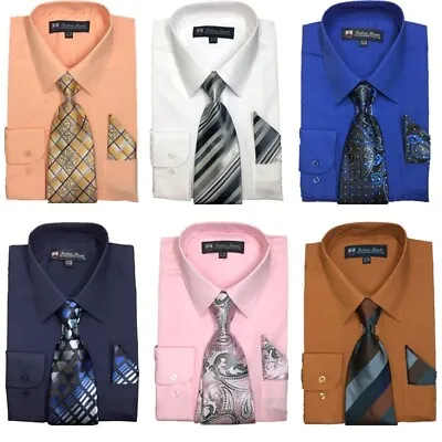 New Men's Cotton Blend Dress Shirt With Tie And Handkerchief 22 Colors 21 • $18.95