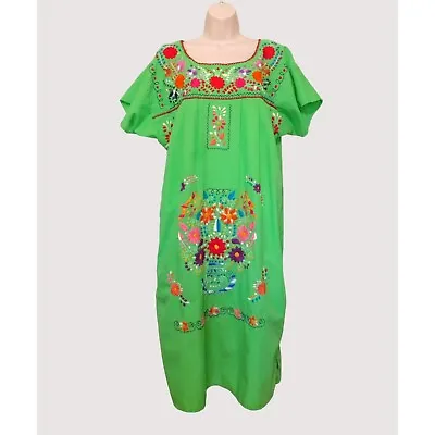 Mexican Embroidered Dress L Vibrant Green Floral Short Sleeve Miguel Clothing • $29.99