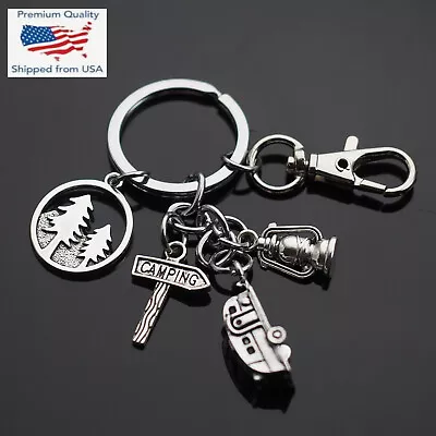 Trailer Camper Camping RV Forest Pine Tree Lantern Charm Keychain Key Chain Clip • $6.99