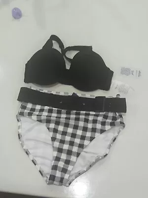 GABI FRESH  2 PIECE  swimsuit Black White Plaid 12 Bottom Belt Bra Top 10D/DD • $17.99