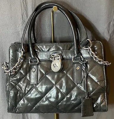 Michael Kors Hamilton Quilted Grey Patent Leather Lock And Key Satchel Preloved • $65