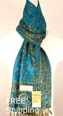 NEW DG Pashmina Scarf Wrap Floral Paisley Turquoise Black Cashmere Silk Style:11 • $12.99