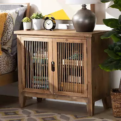 Rustic Transitional Medium Oak Finished 2-Door Wood Spindle Accent Storage • $192