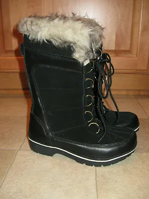 NEW Womens Merona Neida Black Leather Faux Fur Trimmed Winter Boots Size 6 • $39.99