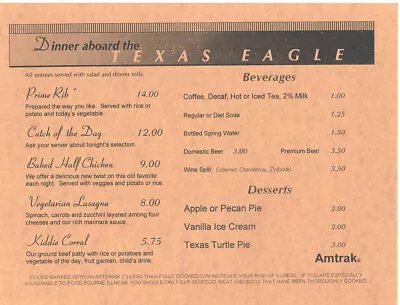 $5 • Buy Amtrak Dining Car Menu Texas Eagle Passenger Railroad