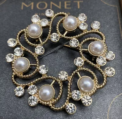 Monet Circle Wreath Brooch Pin Clear Crystal Faux Pearl Cabochon Gold Tone • $14.98