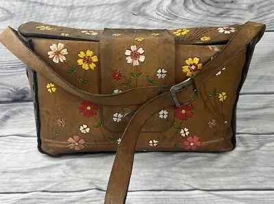 Vintage Handmade Tooled Painted Floral Distress Leather Shoulder Bag Purse Tote • $43.22
