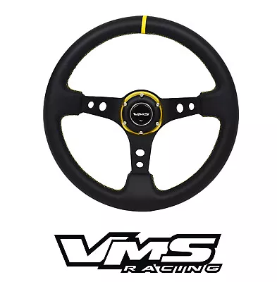 Vms Racing Universal 6-bolt 350mm Leather Gold Deep Dish Steering Wheel • $99.95