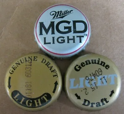 3 Diff Mgd Light Genuine Draft Miller Brew Co Milwaukee Wi Beer Bottle Caps  • $4.95