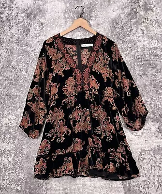 Zara Dress Small Womens Black Velvet Paisley Floral Bohemian Mini • $39.99