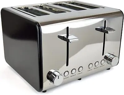 Black Stainless Steel 4 Slice Wide Slot Toaster Variable Browning Defrost Reheat • £38.94