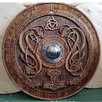 Viking Shield With Carved Norse Runic Ornaments Battleworn Wooden Shield 24  M • $111.49