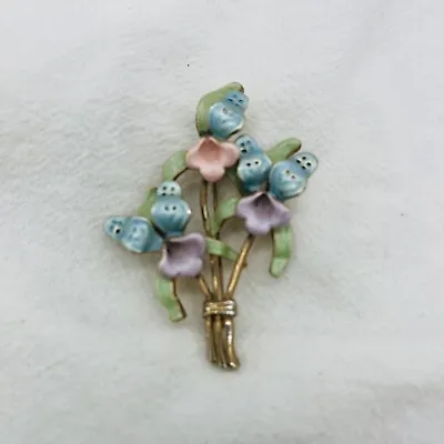 Vintage Gold Tone Enamel Bouquet Of Pastel Iris Flowers Brooch Pin READ • $14.99