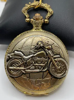 Motorcycle Pocket Watch Vintage Winston Churchill Gold Tone Case Chain Quartz • $17