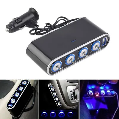 DC 12V/24V 4 Way Multi Socket Car Cigarette Lighter Splitter USB Charger Adapter • £7.91