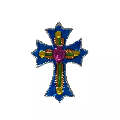 Rustic & Vintage Mexican Blue Tin Cross With Pink Milagro Heart Ornament Decor • $9.95