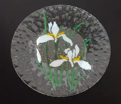 Vintage 1989 Fused 9.75  Art Glass White Iris Plate Signed Pbg • $5